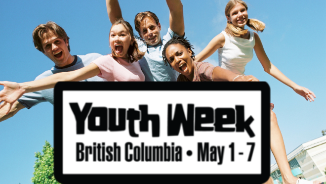 Excited youth being expressive stating Youth Week is May 1-7 in BC