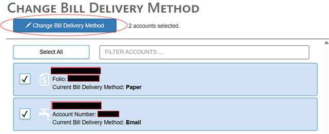 MyMuni screenshot showing how to change bill delivery method